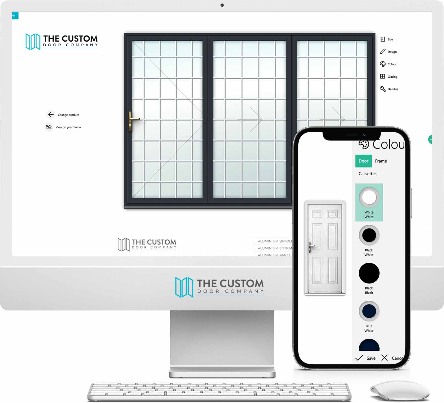 A mock up an imac and iphone showing software to design your doors
